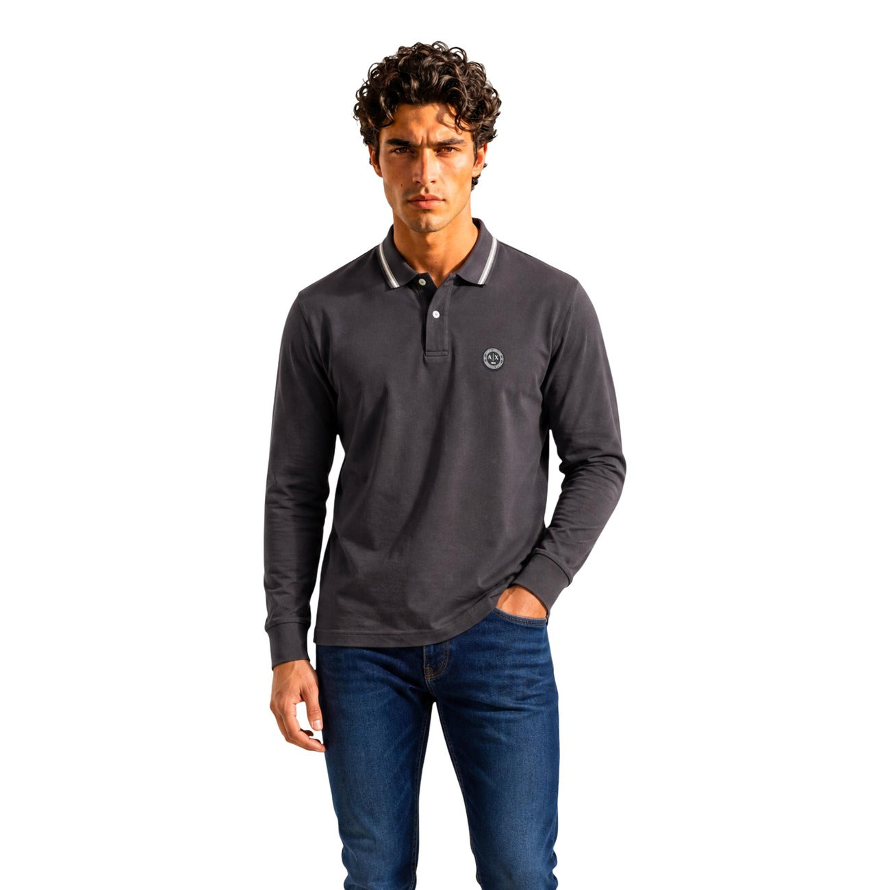 Men's Black Long-Sleeved Polo Shirt Armani Exchange